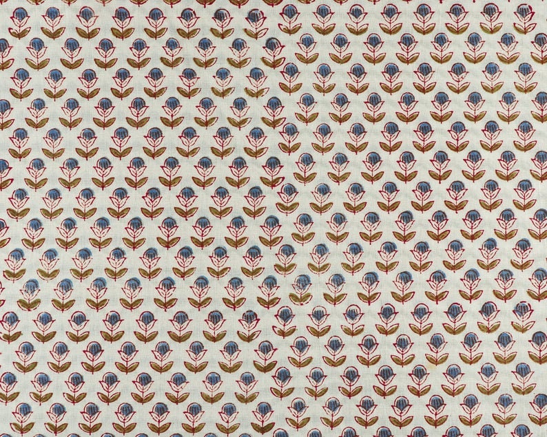 Denim Blue & Army Green Hand-Block Printed Fabric