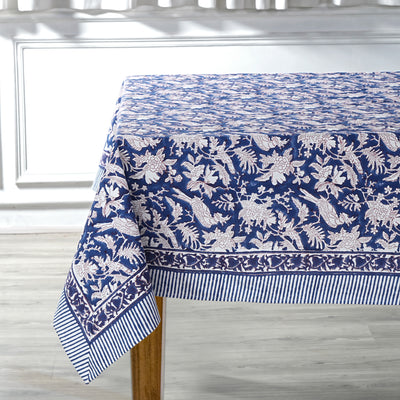 Fabricrush Sage And Russian blue Indian Hand Block Floral Printed Tablecloth, Cotton Cloth Table Cover And Linen Set, Wedding Farmhouse Party