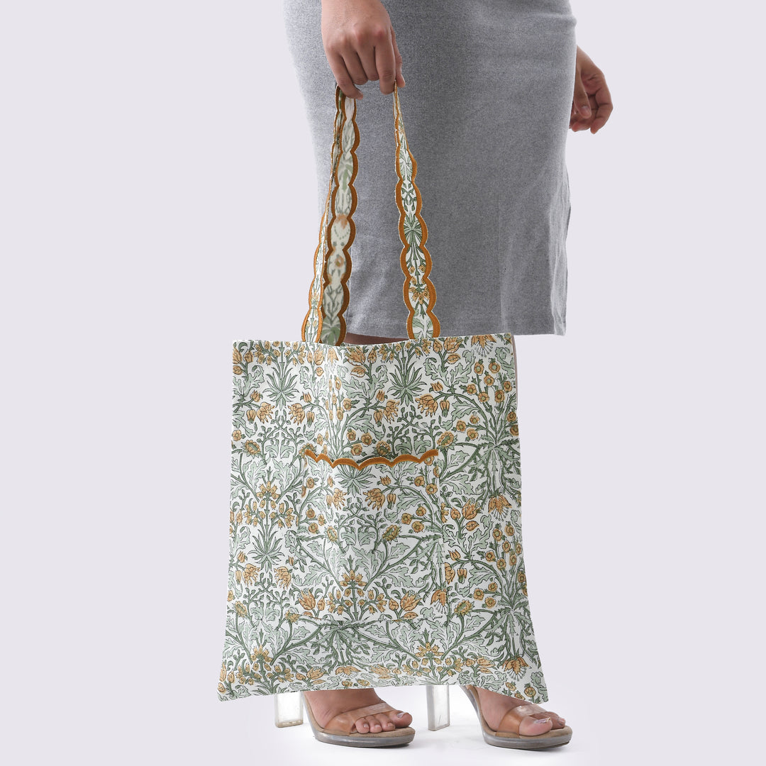 Fabricrush Goldenrod Yellow  Indian Hand Block Printed and Embroidery Scalloped Canvas Women's Aesthetic Bag for Shopping, Travelling, Office, Church, School