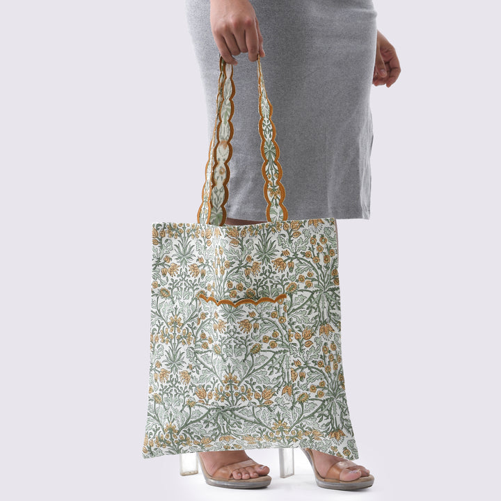 Fabricrush Goldenrod Yellow  Indian Hand Block Printed and Embroidery Scalloped Canvas Women's Aesthetic Bag for Shopping, Travelling, Office, Church, School, Valentine's day, Spring, Easter