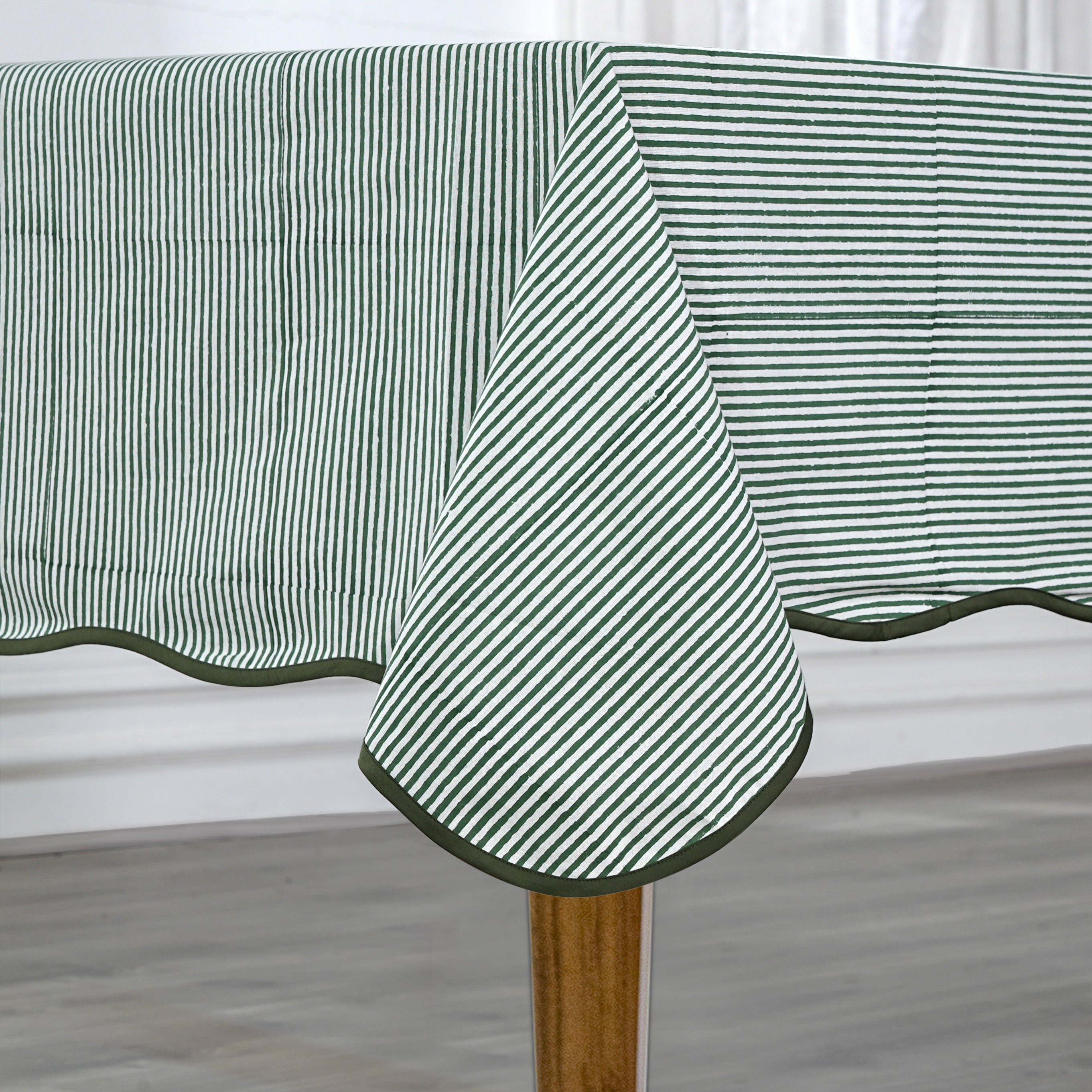 Green Stripes with Green Scallop Piping Tablecloth