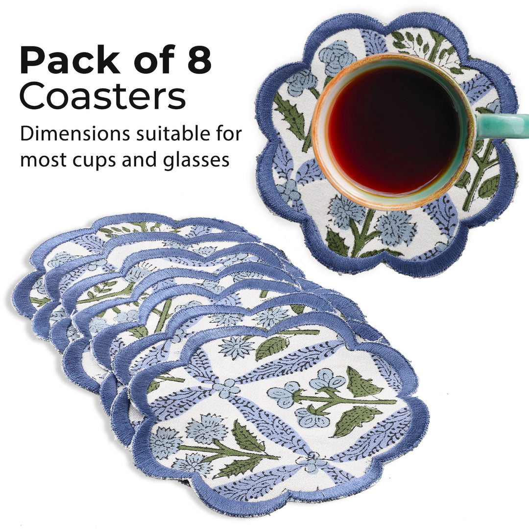 Fabricrush Light Steel Blue Set of 8 Coasters, Hand Block Printed and Embroidered Cotton Fabric Coasters for Coffee Mug, Side Table, Home Décor, Gifts