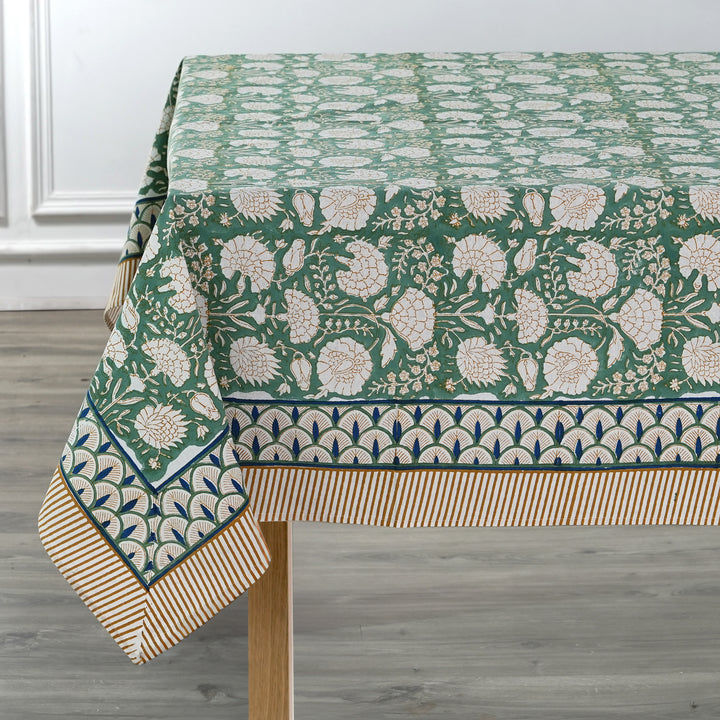 Fabricrush Turquoise Green, Old Moss Green and White Indian Floral Hand Block Printed Cotton Cloth Tablecloth, Table Cover, Farmhouse Wedding Events, Gift for her, gifts