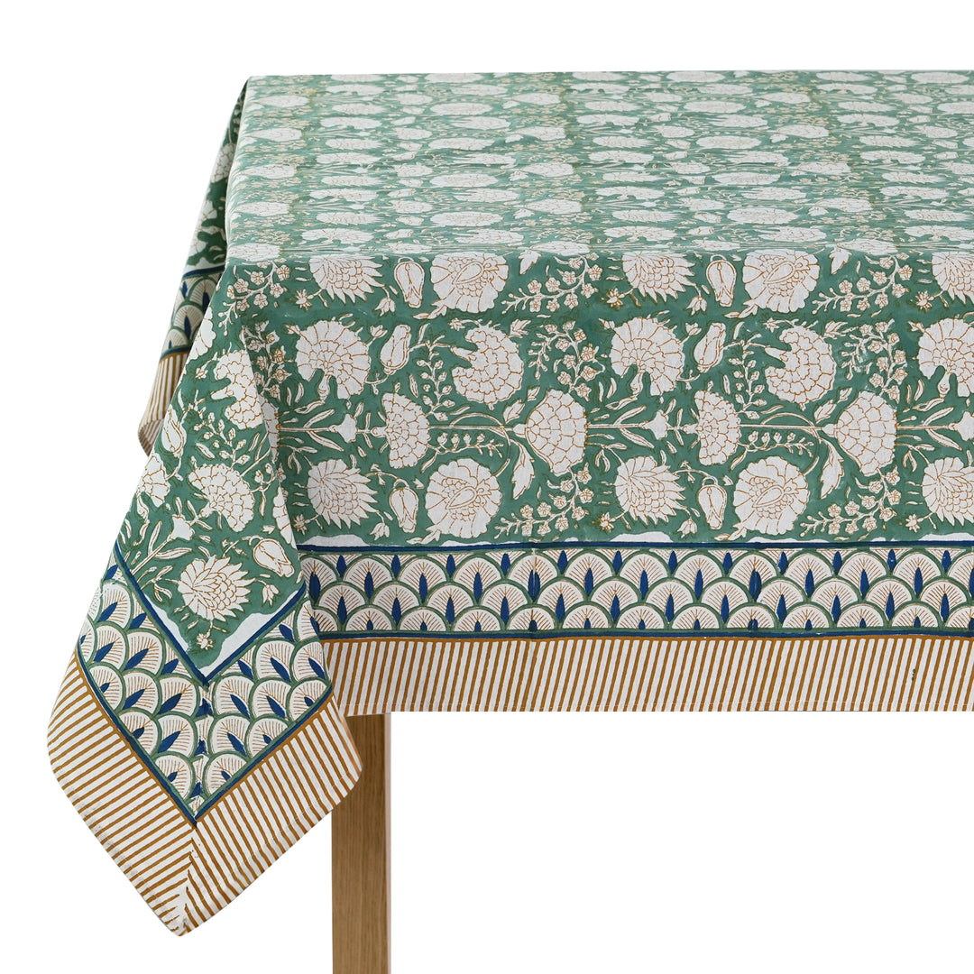 Fabricrush Turquoise Green, Old Moss Green and White Indian Floral Hand Block Printed Cotton Cloth Tablecloth, Table Cover, Farmhouse Wedding Events, Gift for her, gifts