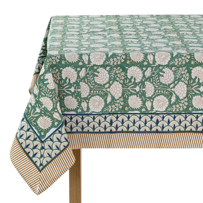 Fabricrush Turquoise Green, Old Moss Green and White Indian Floral Hand Block Printed Cotton Cloth Tablecloth, Table Cover, Farmhouse Wedding Events