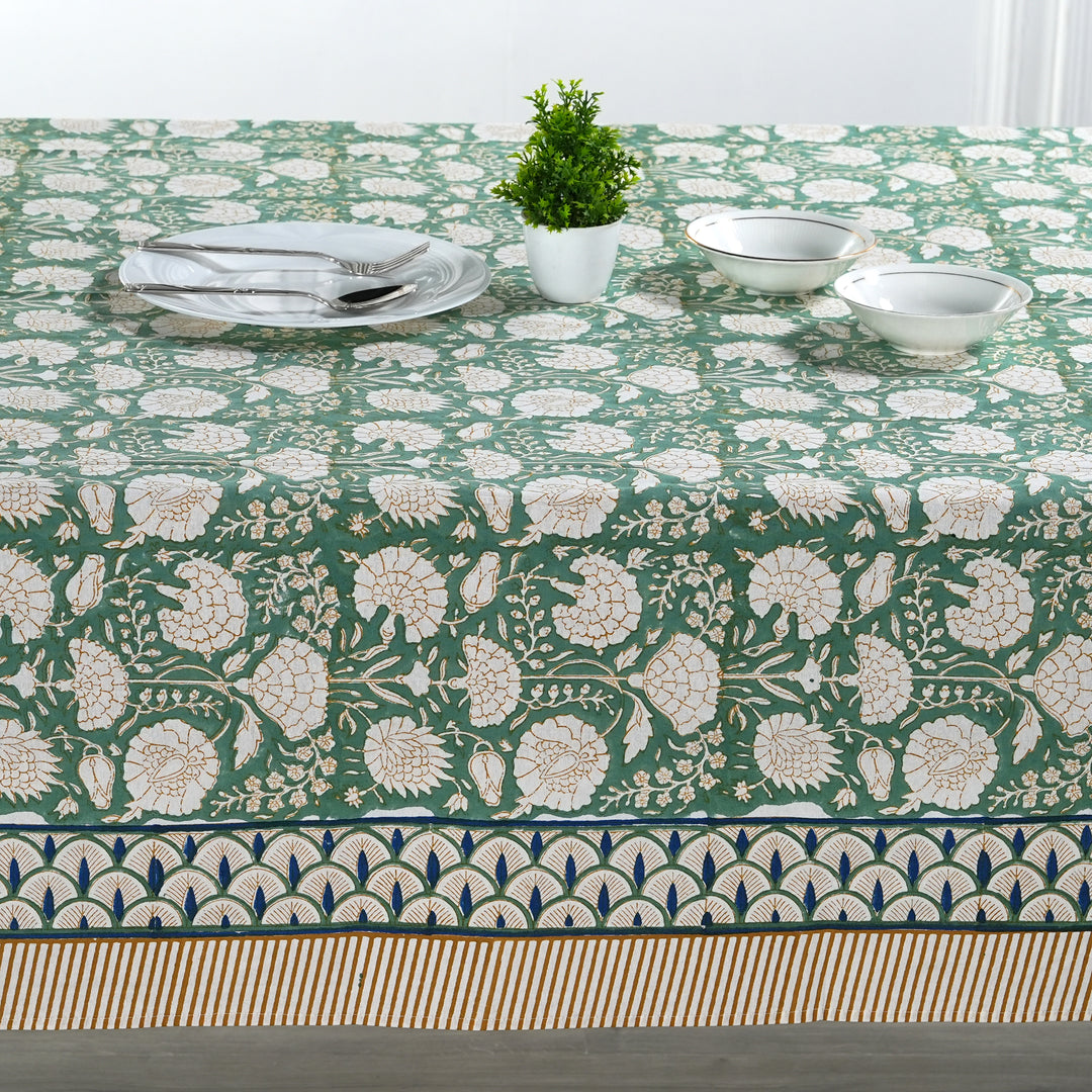 Fabricrush Turquoise Green, Old Moss Green and White Indian Floral Hand Block Printed Cotton Cloth Tablecloth, Table Cover, Farmhouse Wedding Events, Gift for her, gifts