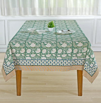 Fabricrush Turquoise Green, Old Moss Green and White Indian Floral Hand Block Printed Cotton Cloth Tablecloth, Table Cover, Farmhouse Wedding Events