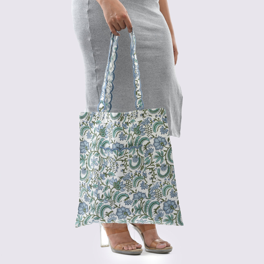 Fabricrush Columbia Blue Indian Hand Block Printed and Embroidery Scalloped Canvas Women's Aesthetic Bag for Shopping, Travelling, Office, Church, School, Valentine's day, Spring, Easter