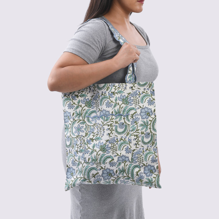 Fabricrush Columbia Blue Indian Hand Block Printed and Embroidery Scalloped Canvas Women's Aesthetic Bag for Shopping, Travelling, Office, Church, School