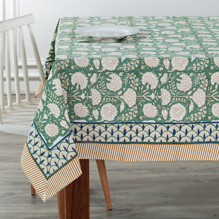 Fabricrush Turquoise Green, Old Moss Green and White Indian Floral Hand Block Printed Cotton Cloth Tablecloth, Table Cover, Farmhouse Wedding Events, Gift for her, gifts