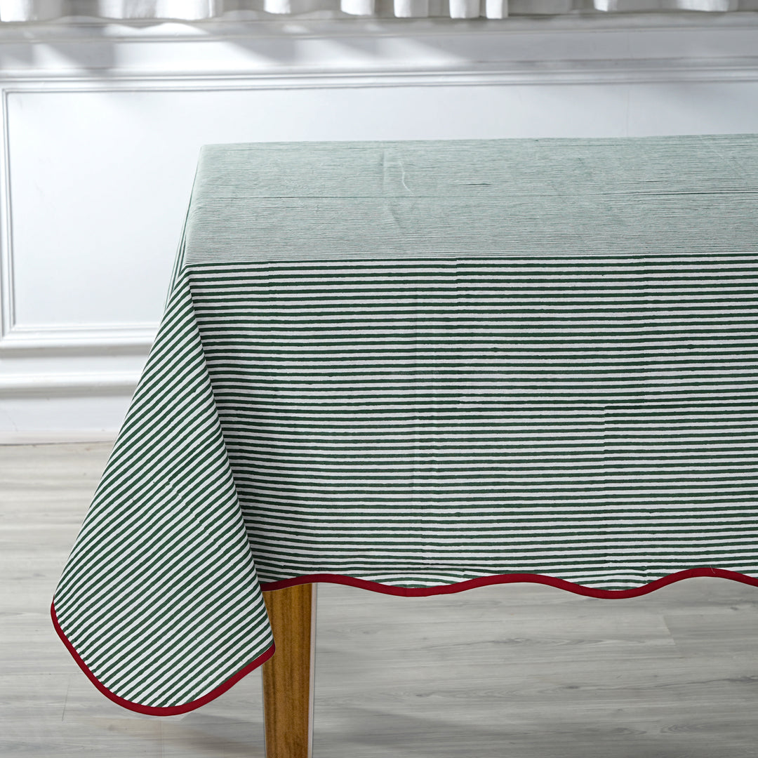 Green Stripes with Red Piping Indian Hand Block Printed Cotton Tablecloth