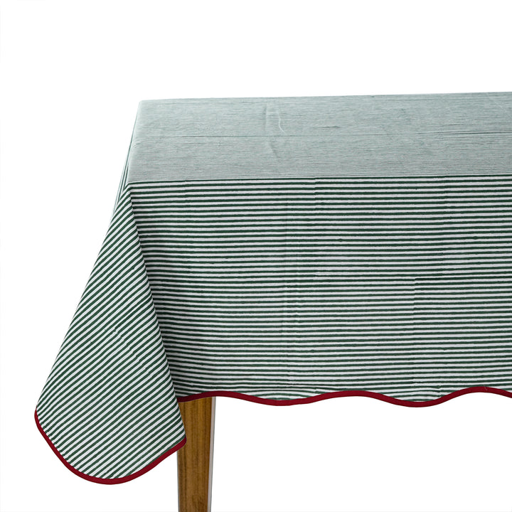 Green Stripes with Red Piping Indian Hand Block Printed Cotton Tablecloth