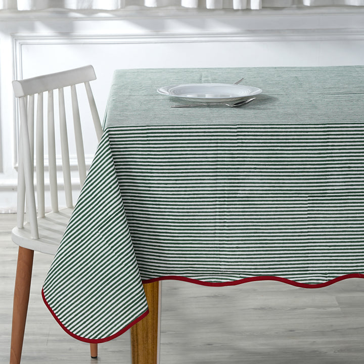 Green Stripes with Red Piping Indian Hand Block Printed Cotton Tablecloth