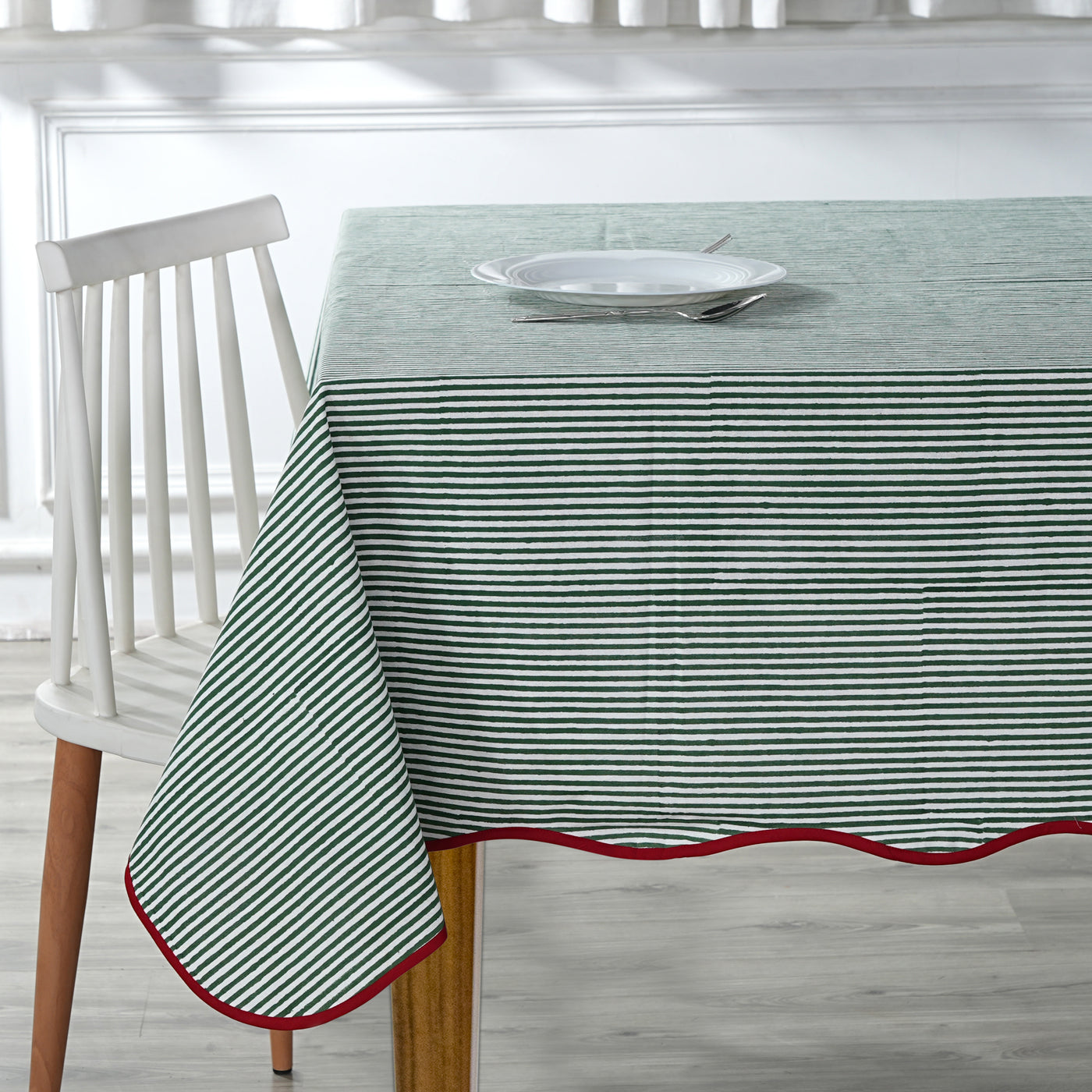 Fabricrush Green Stripes with Red Piping Indian Hand Block Printed Pure Cotton Tablecloth for Farmhouse Housewarming Wedding Restaurant Home Garden Bar