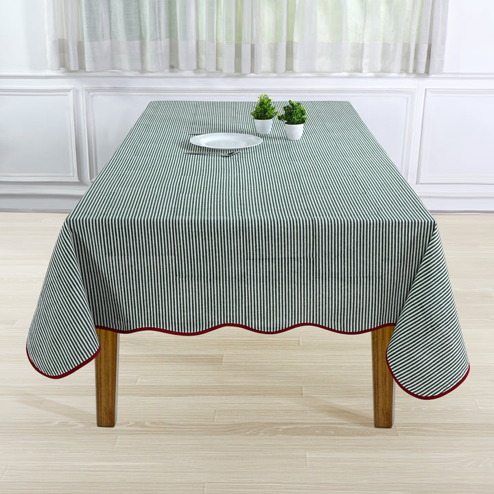 Green Stripes with Red Piping Indian Hand Block Printed Cotton Tablecloth