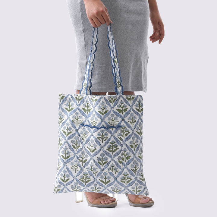 Fabricrush Light Steel Blue  Indian Hand Block Printed and Embroidery Scalloped Canvas Women's Aesthetic Bag for Shopping, Travelling, Office, Church, School, Valentine's day, Spring, Easter