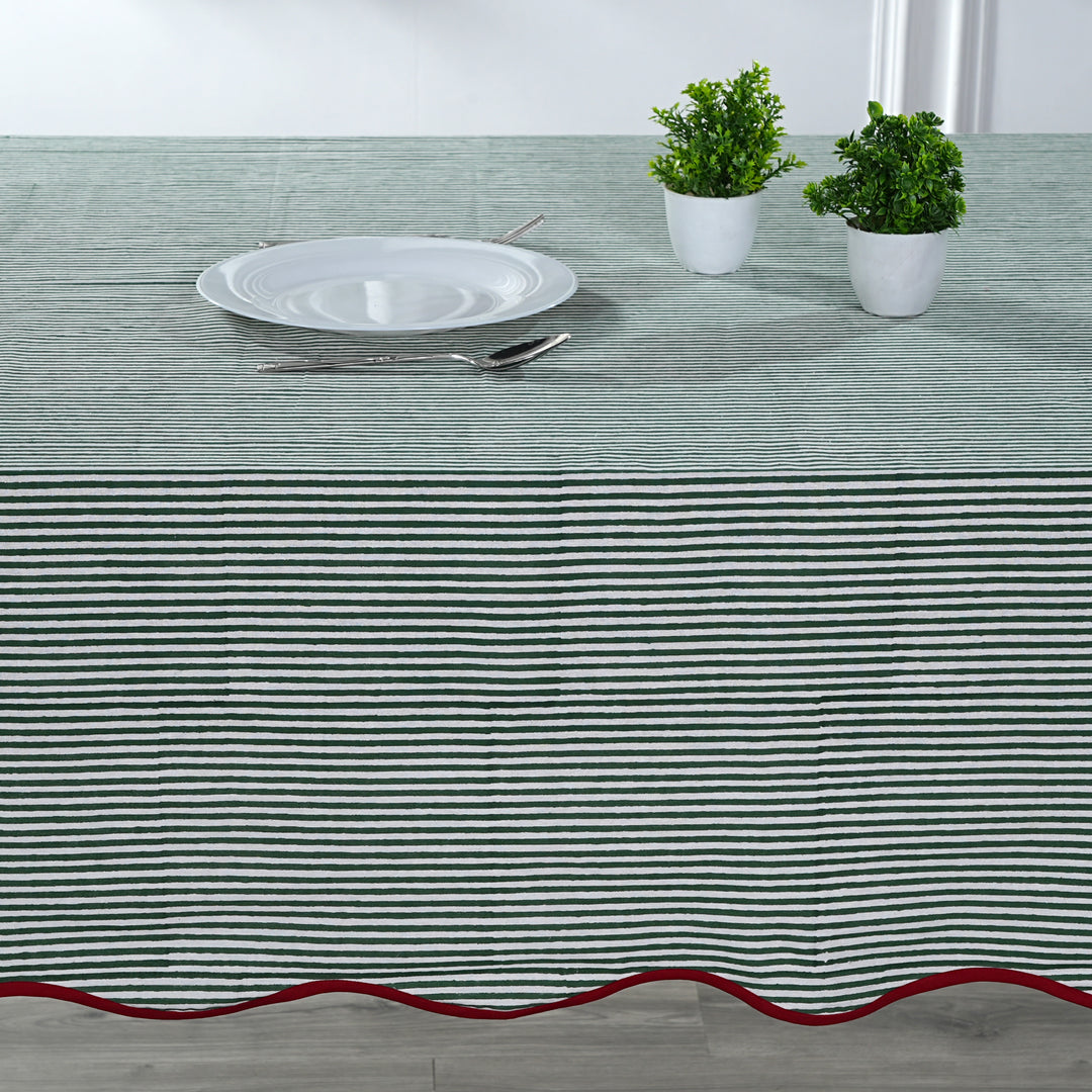 Green Stripes with Red Piping Indian Hand Block Printed Cotton Tablecloth