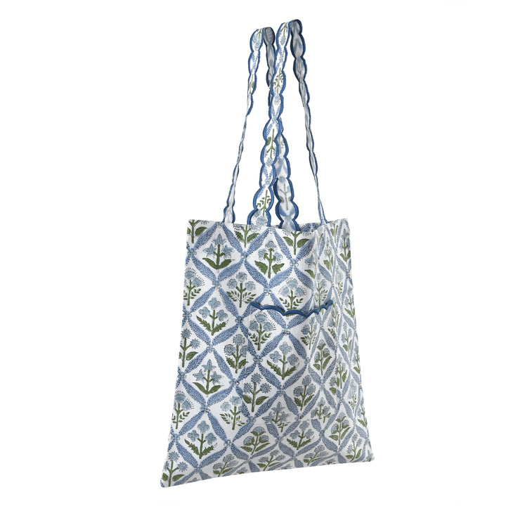 Fabricrush Light Steel Blue  Indian Hand Block Printed and Embroidery Scalloped Canvas Women's Aesthetic Bag for Shopping, Travelling, Office, Church, School, Valentine's day, Spring, Easter