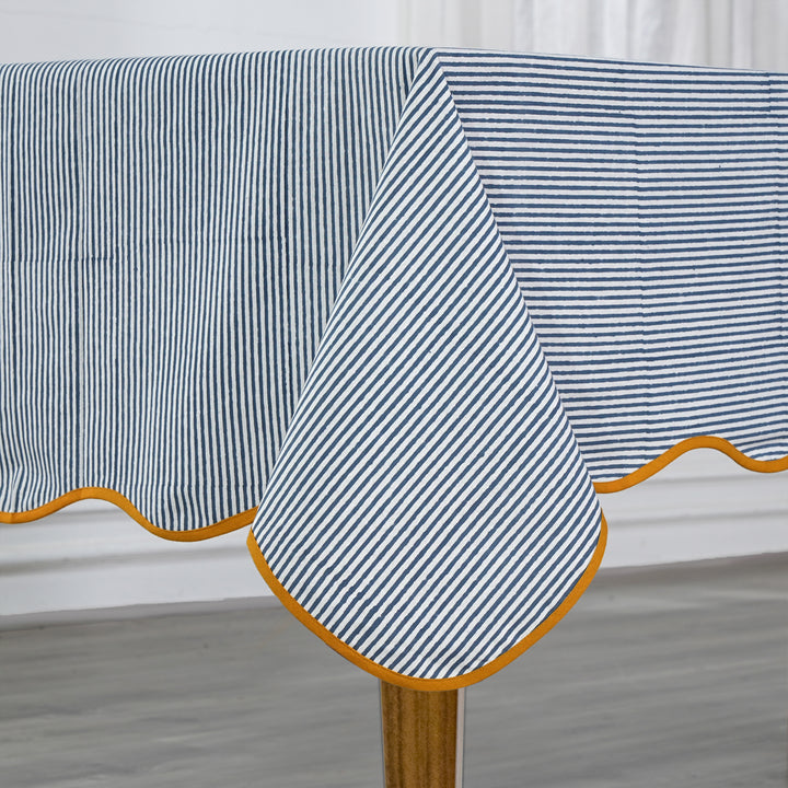Blue Stripes with Yellow Scallop Piping Tablecloth Product Image 1