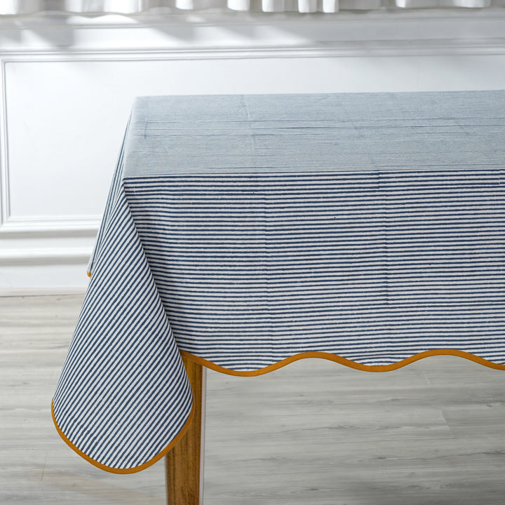Blue Stripes with Yellow Scallop Piping Tablecloth Product Image 4