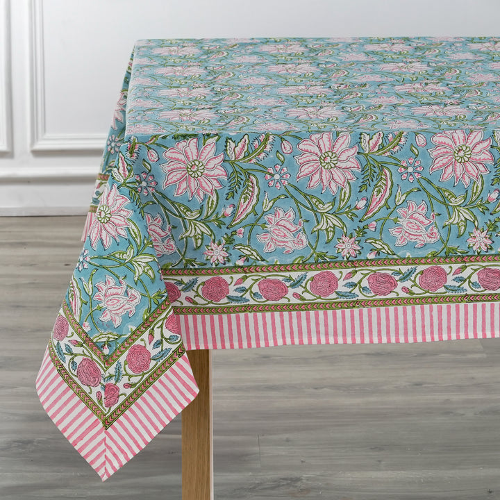 Fabricrush Ice Blue, Kelly Green, Flamingo Pink Indian Hand Block Printed Tablecloth Table Cover Linen Set, Housewarming Gift, Farmhouse Wedding Decor, Custom Table Cloth, Gift for her, gifts, Valentine's day, Spring, Easter