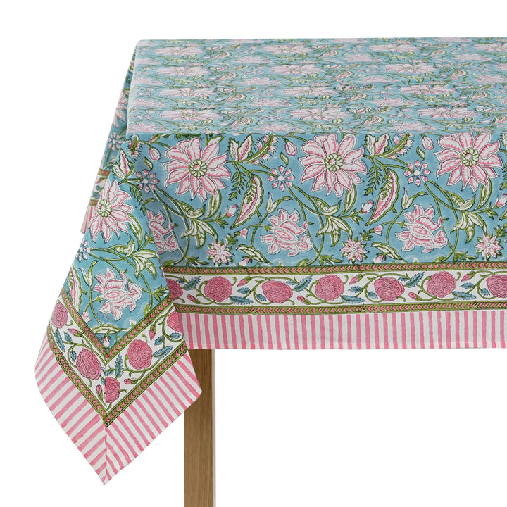 Fabricrush Ice Blue, Kelly Green, Flamingo Pink Indian Hand Block Printed Tablecloth Table Cover Linen Set, Housewarming Gift, Farmhouse Wedding Decor, Custom Table Cloth, Gift for her, gifts, Valentine's day, Spring, Easter