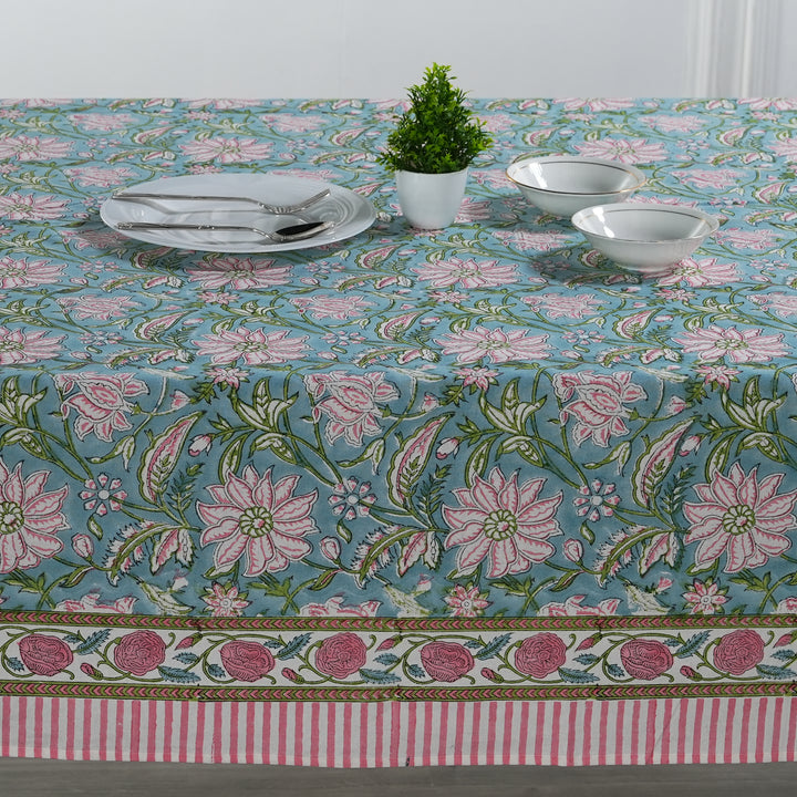 Fabricrush Ice Blue, Kelly Green, Flamingo Pink Indian Hand Block Printed Tablecloth Table Cover Linen Set, Housewarming Gift, Farmhouse Wedding Decor, Custom Table Cloth, Gift for her, gifts, Valentine's day, Spring, Easter