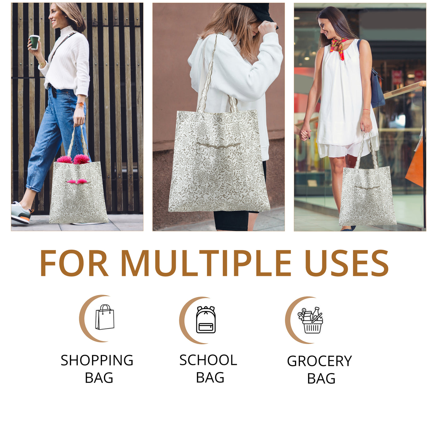 Fabricrush Taupe  Indian Hand Block Printed and Embroidery Scalloped Canvas Women's Aesthetic Bag for Shopping, Travelling, Office, Church, School