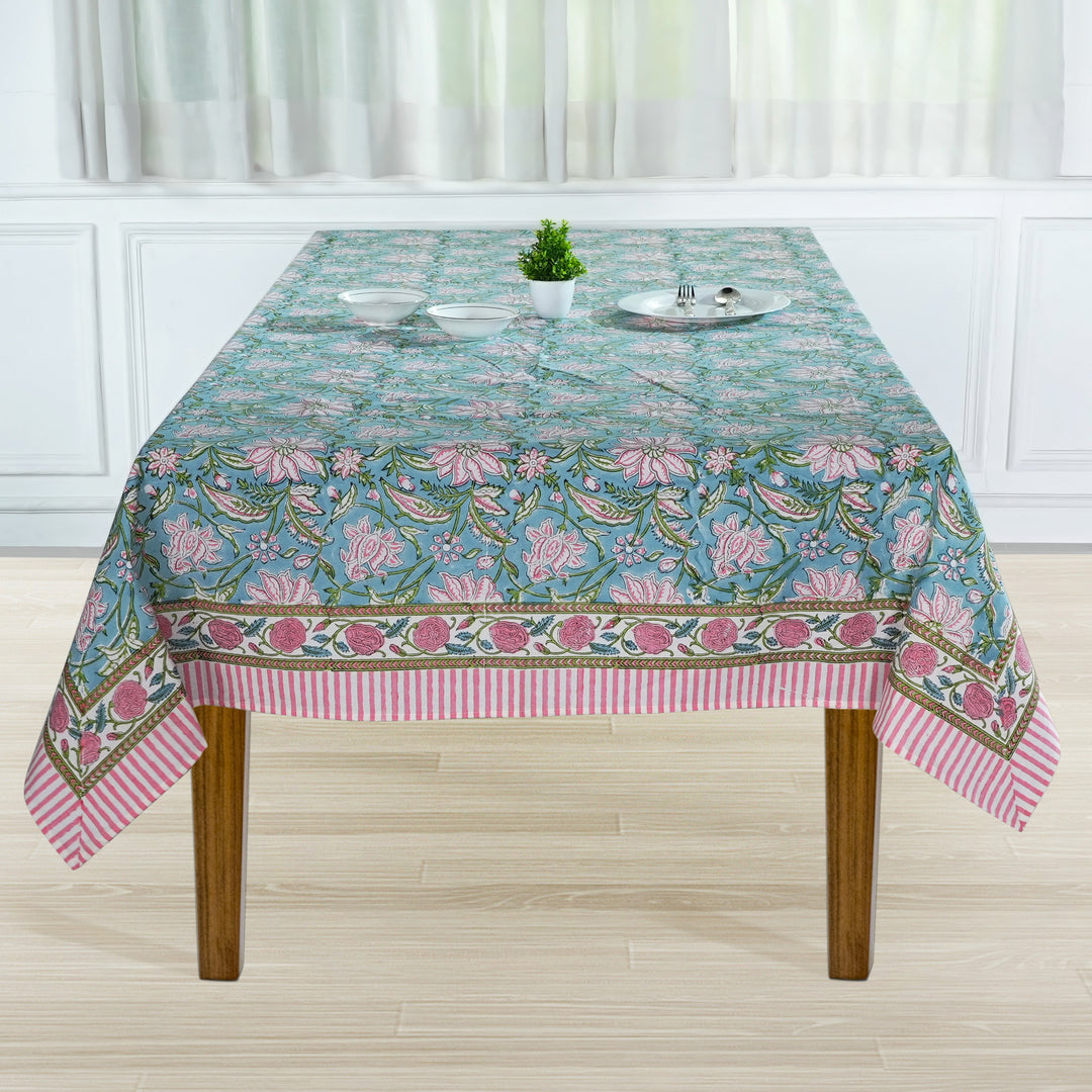 Fabricrush Ice Blue, Kelly Green, Flamingo Pink Indian Hand Block Printed Tablecloth Table Cover Linen Set, Housewarming Gift, Farmhouse Wedding Decor, Custom Table Cloth, Gift for her, gifts, Valentine's day, Spring, Easter