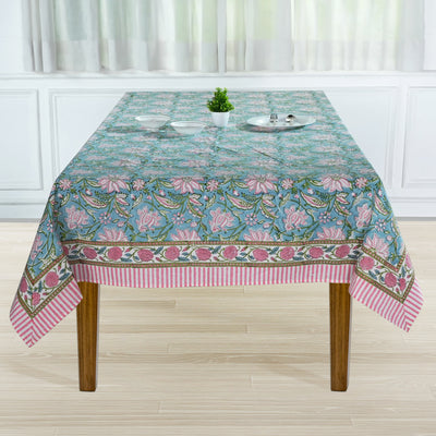 Fabricrush Ice Blue, Kelly Green, Flamingo Pink Indian Hand Block Printed Tablecloth Table Cover Linen Set, Housewarming Gift, Farmhouse Wedding Decor