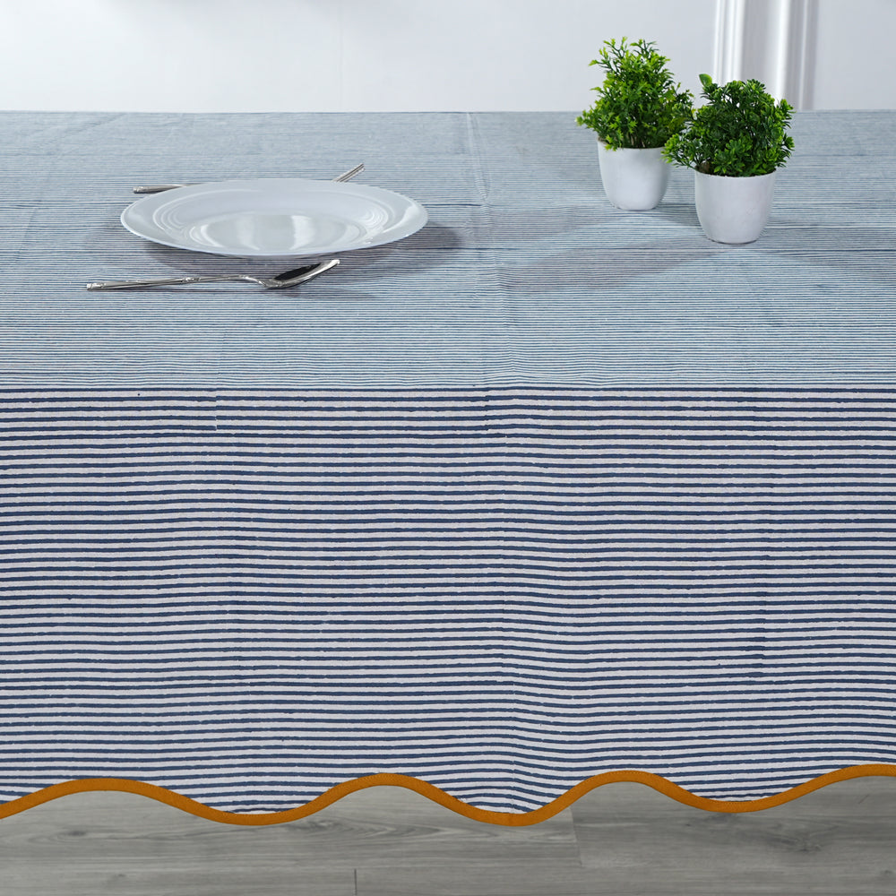Blue Stripes with Yellow Scallop Piping Tablecloth Product Image 2