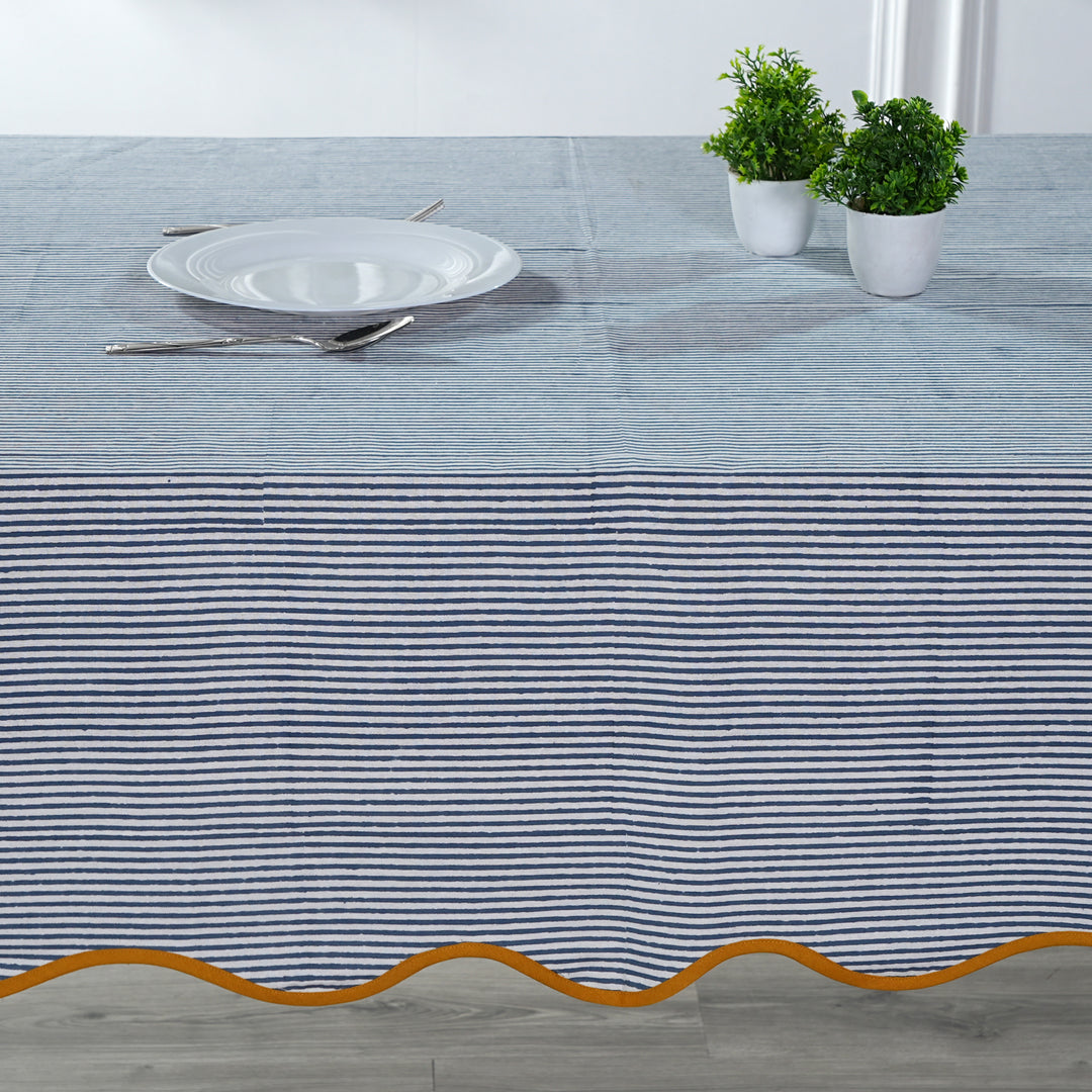 Blue Stripes with Yellow Scallop Piping Tablecloth Product Image 2