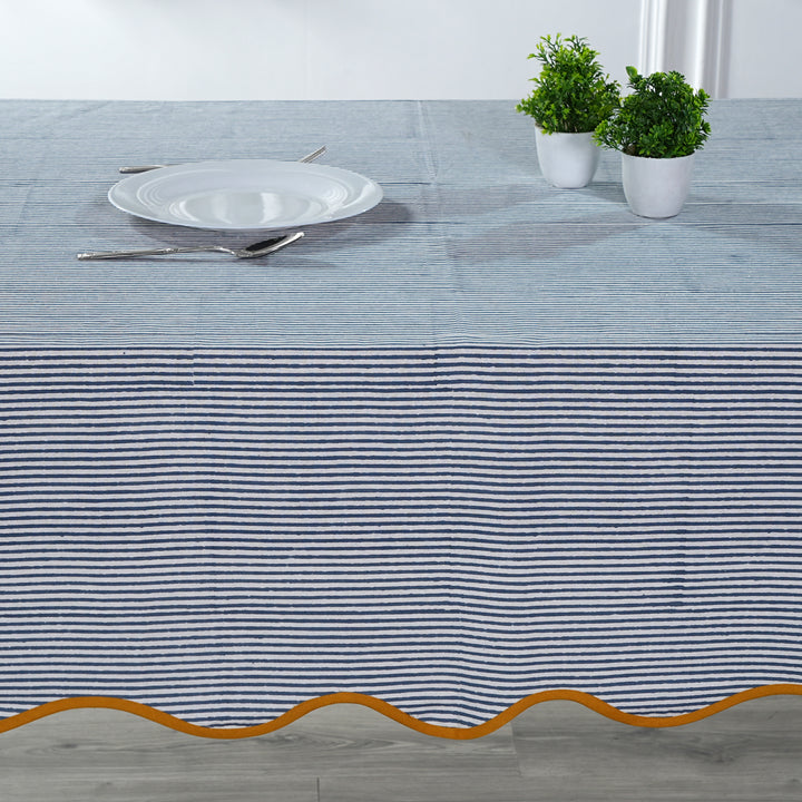 Blue Stripes with Yellow Scallop Piping Tablecloth Product Image 2