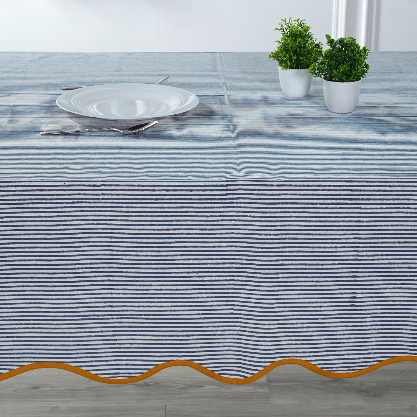 Fabricrush Blue Stripes with Yellow Piping Indian Hand Block Printed Pure Cotton Tablecloth for Farmhouse Wedding Restaurant Home Decor Garden Bar Gift