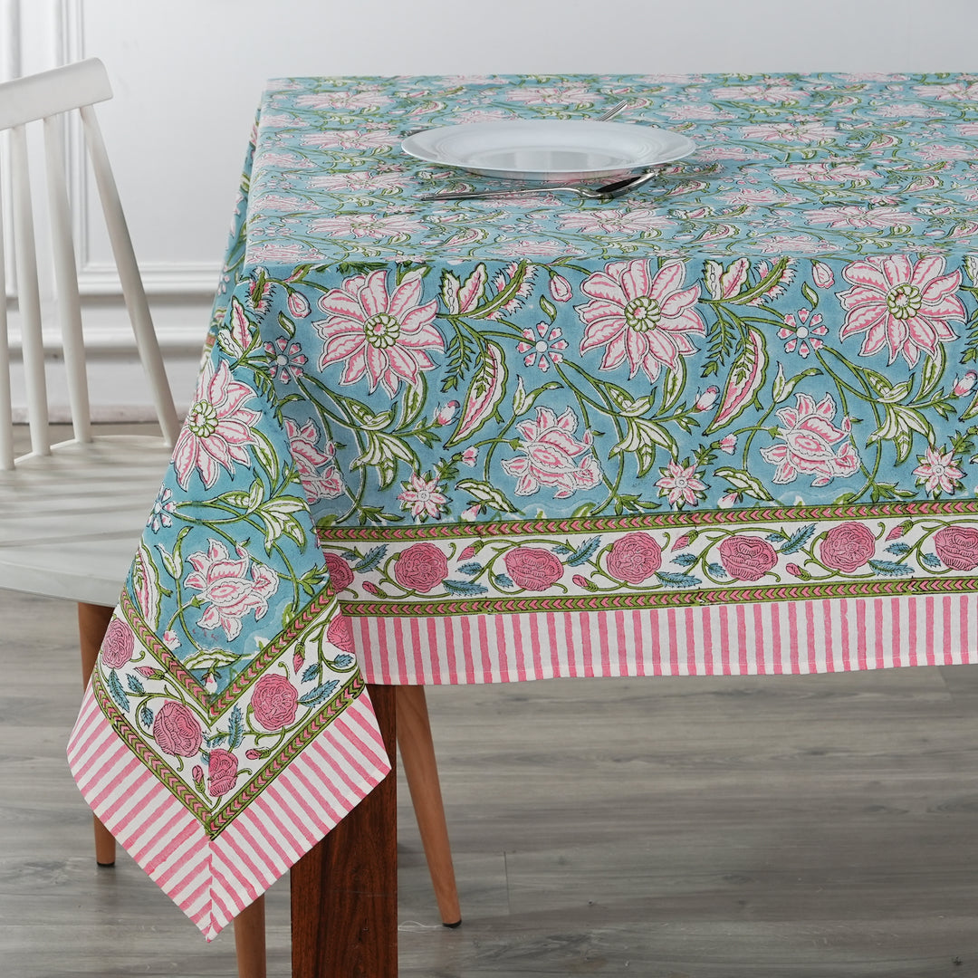 Fabricrush Ice Blue, Kelly Green, Flamingo Pink Indian Hand Block Printed Tablecloth Table Cover Linen Set, Housewarming Gift, Farmhouse Wedding Decor, Custom Table Cloth, Gift for her, gifts, Valentine's day, Spring, Easter