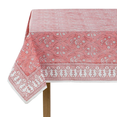 Fabricrush Sweet Pink and White Floral Indian Hand Block Printed Tablecloth with Border Design all Around, Table Cover And Linen Set, Wedding Decor