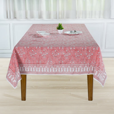 Fabricrush Sweet Pink and White Floral Indian Hand Block Printed Tablecloth with Border Design all Around, Table Cover And Linen Set, Wedding Decor