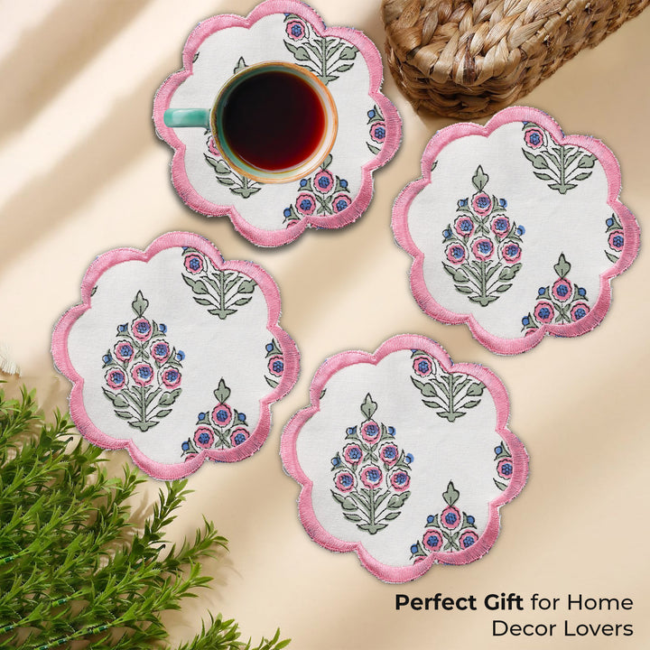 Fabricrush Ruddy Blue Pink and Green Indian Floral Hand Block Printed Coasters Set of 8, Canvas Embroidered Scallop Coasters for Coffee Table Office Home Décor Gifts