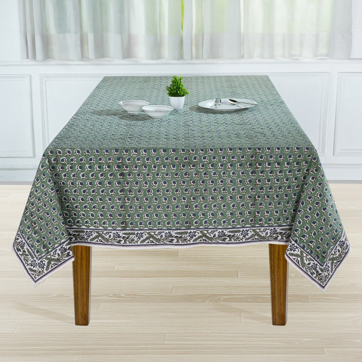 Basil Green Indian Floral Hand Block Printed Cotton Tablecloth