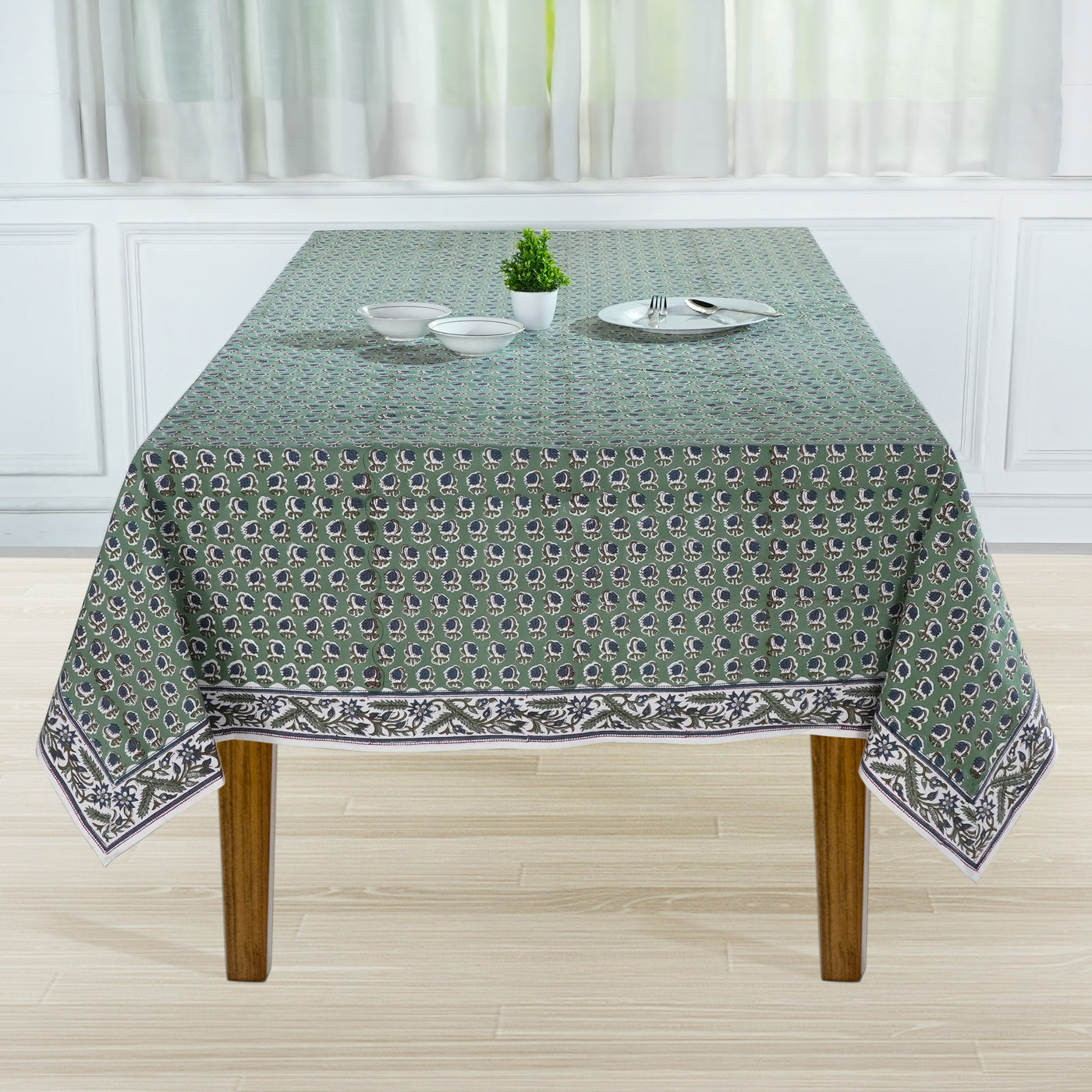 Fabricrush Basil Green Indian Floral Hand Block Printed Cotton Tablecloth, Dining Table Cover for Party Wedding Events Home Baby Shower Bridal Shower, Gift for her, gifts, Black Friday, Christmas decor, Christmas, Thanksgiving