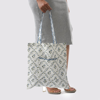 Fabricrush Powder Blue Indian Hand Block Printed and Embroidery Scalloped Canvas Women's Aesthetic Bag for Shopping, Travelling, Office, Church, School