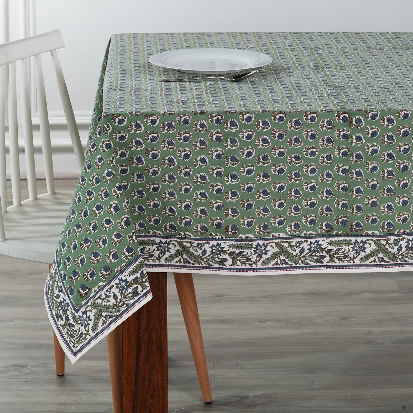 Fabricrush Basil Green Indian Floral Hand Block Printed Cotton Tablecloth, Dining Table Cover for Party Wedding Events Home Baby Shower Bridal Shower, Gift for her, gifts, Black Friday, Christmas decor, Christmas, Thanksgiving