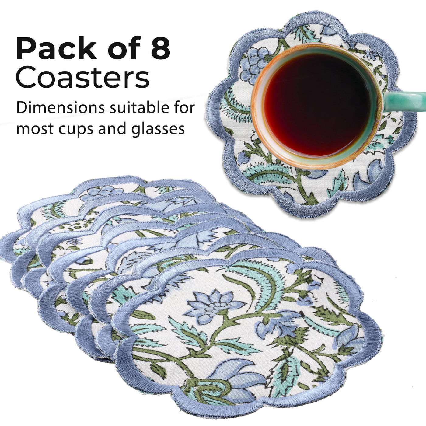 Fabricrush Columbia Blue Set of 8 Coasters, Cotton Hand Block Printed and Embroidered Scallop Coasters for Coffee Mug, Home Décor, Side Table,  Gifting