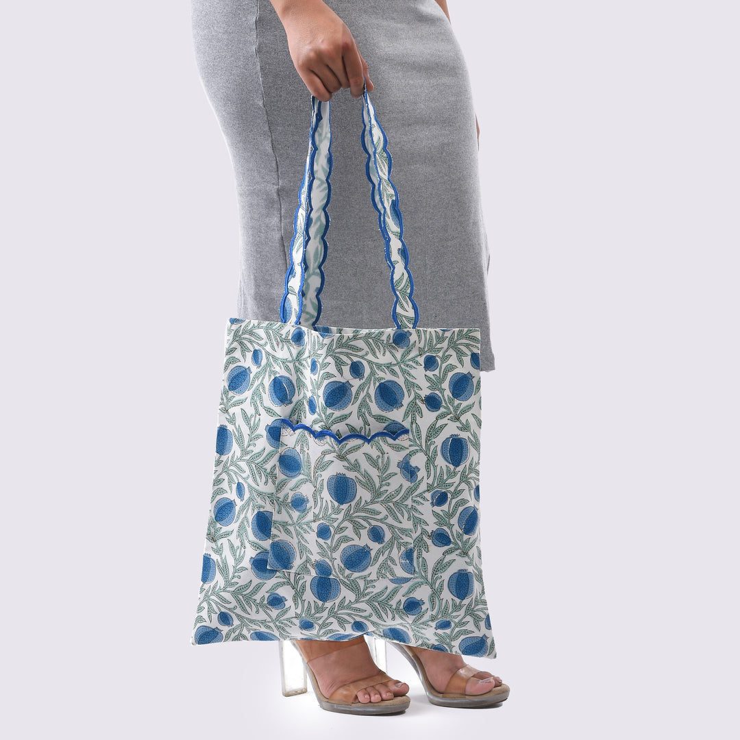 Fabricrush Queen Blue  Indian Hand Block Printed and Embroidery Scalloped Canvas Women's Aesthetic Bag for Shopping, Travelling, Office, Church, School