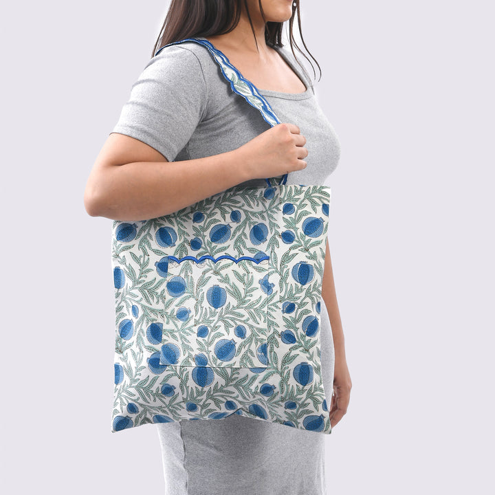 Fabricrush Queen Blue  Indian Hand Block Printed and Embroidery Scalloped Canvas Women's Aesthetic Bag for Shopping, Travelling, Office, Church, School, Valentine's day, Spring, Easter