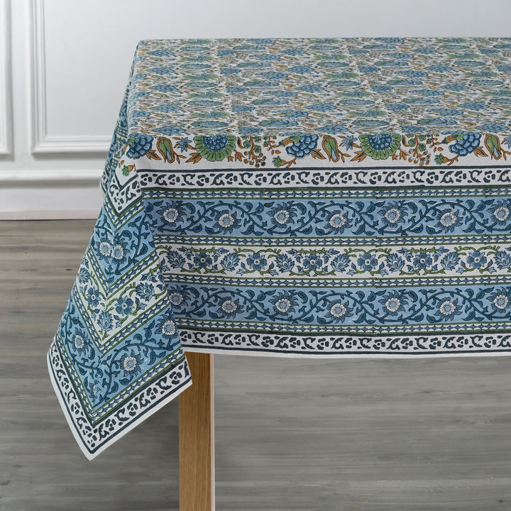 Asparagus Green Indian Floral Hand-Block Printed Cotton Tablecloth