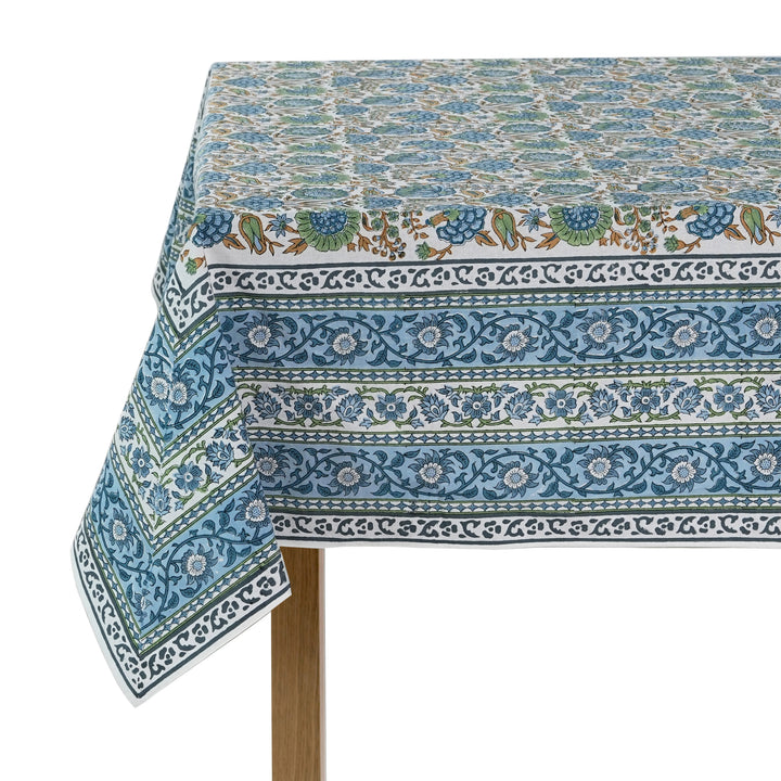 Asparagus Green Indian Floral Hand-Block Printed Cotton Tablecloth