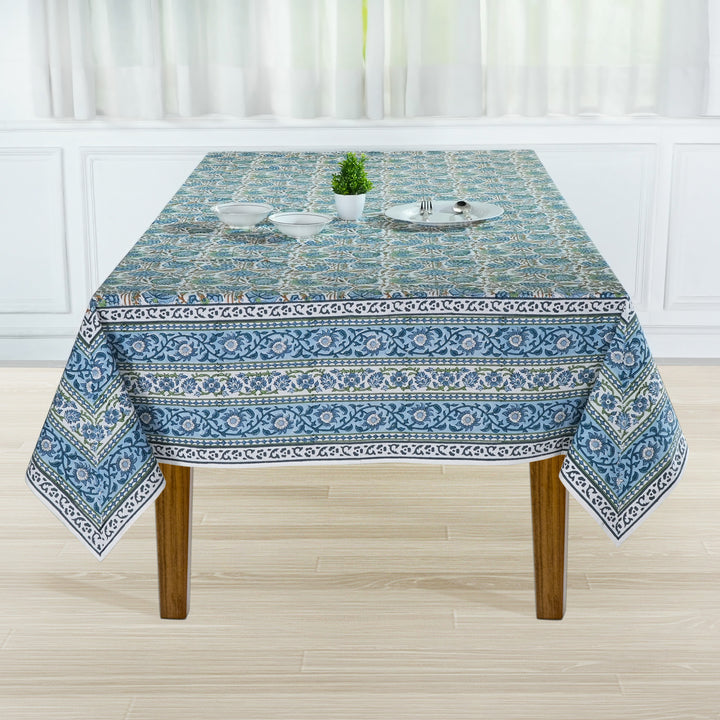 Asparagus Green Indian Floral Hand-Block Printed Cotton Tablecloth