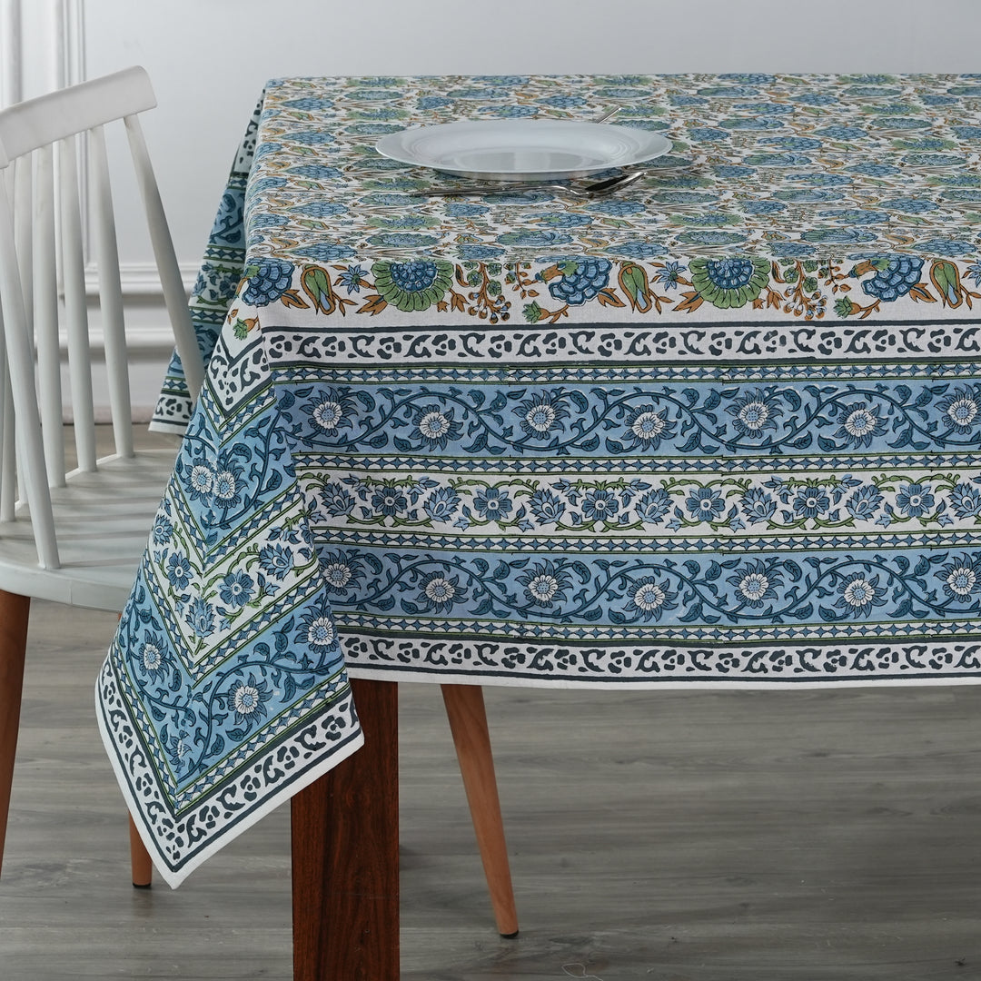 Asparagus Green Indian Floral Hand-Block Printed Cotton Tablecloth