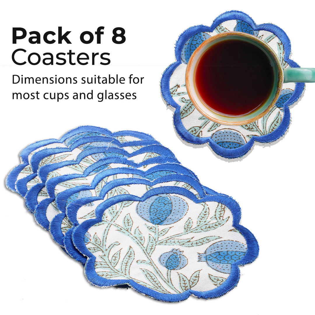 Fabricrush Queen Blue Set of 8 Coasters, Indian Hand Block Printed and Embroidery Scallops Cotton Coasters for Coffee Mug, Side Table, Gift, Valentine's day, Spring, Easter